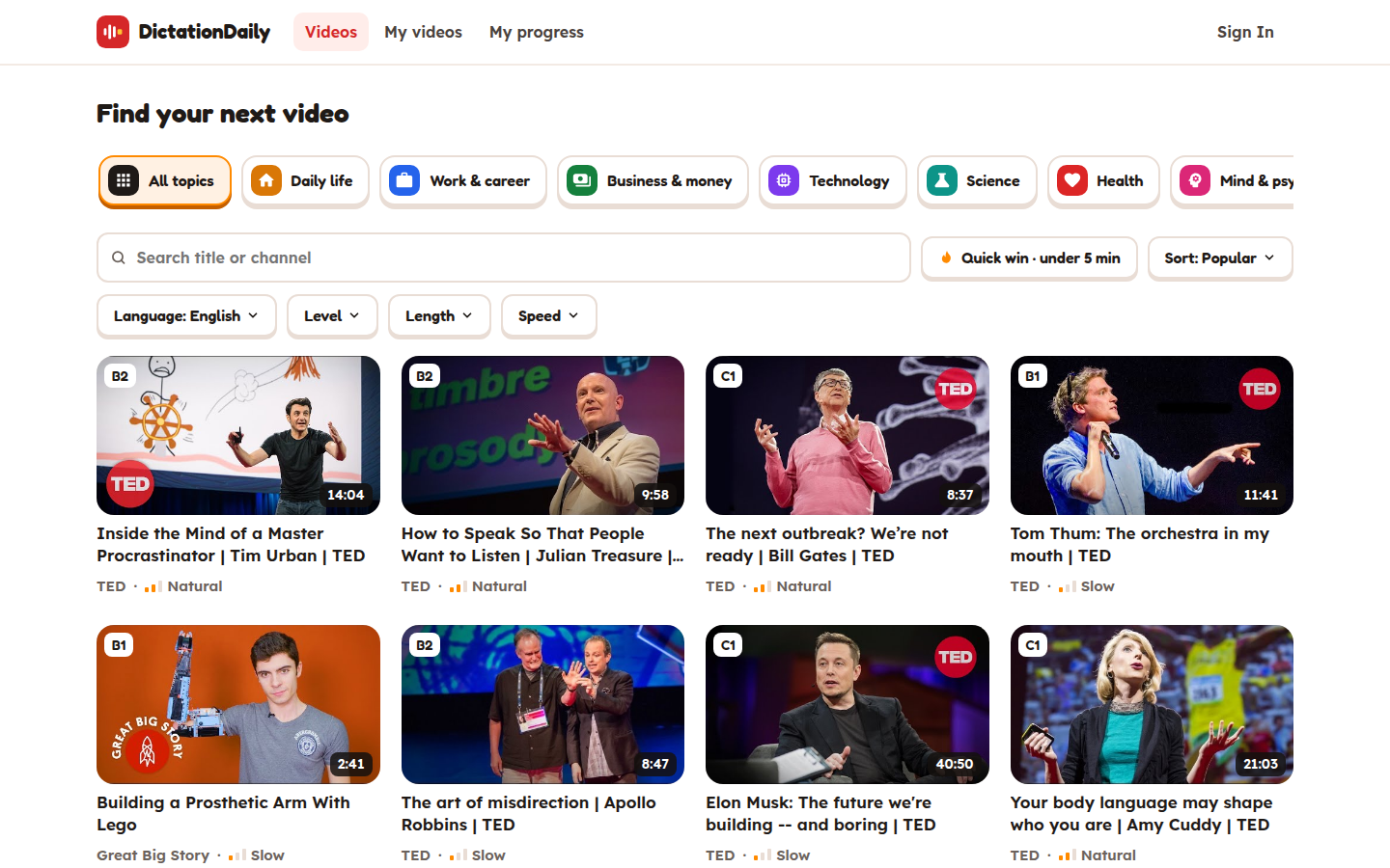 Thư viện video DictationDaily với các chủ đề, ô tìm kiếm, nút Quick win và bộ lọc Language, Level, Length, Speed