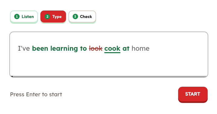 Ô gõ của DictationDaily: các từ đúng tô xanh, từ "look" sai bị gạch đỏ và từ đúng "cook" được gạch chân